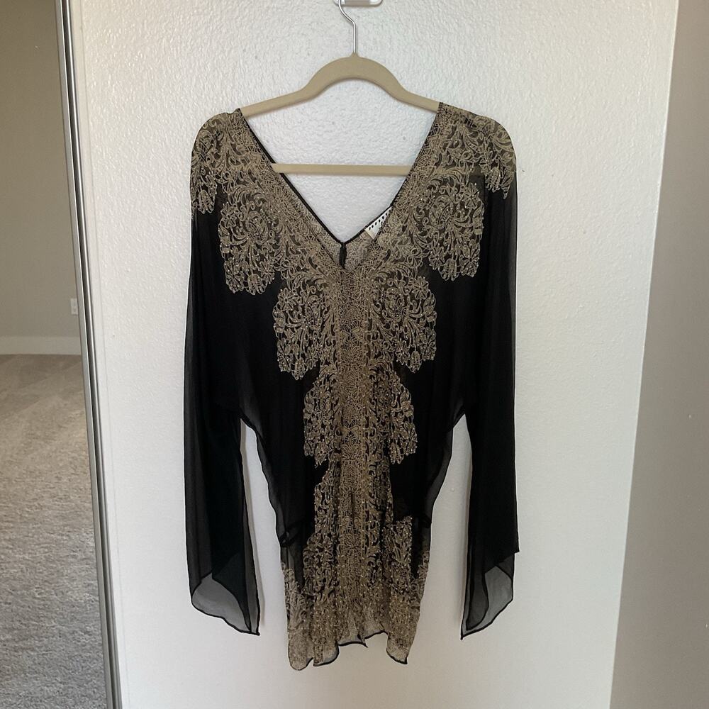 Vintage Y2K ICE 100% Silk Sheer Kimono Tunic Top Black Gold Beaded Plus 1X